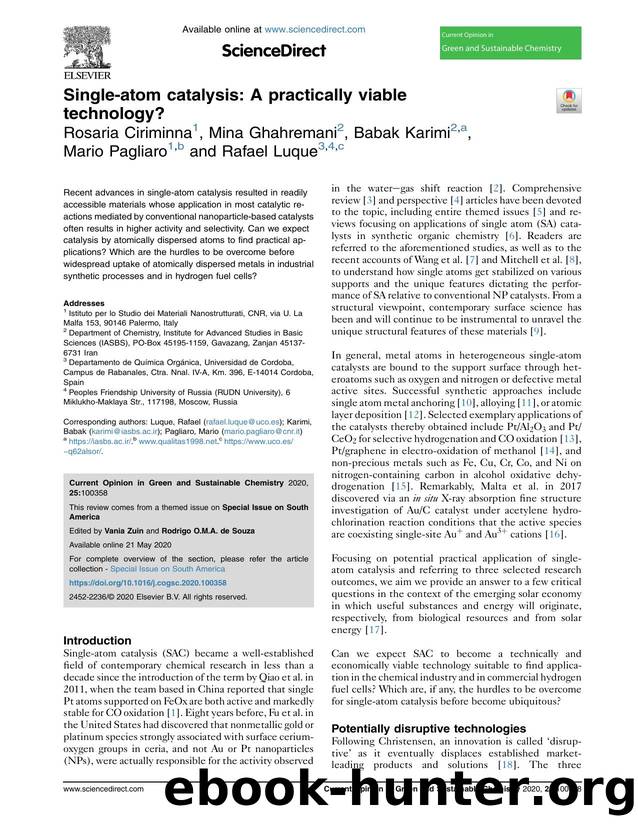 Single-atom catalysis: A practically viable technology? by Rosaria Ciriminna & Mina Ghahremani & Babak Karimi & Mario Pagliaro & Rafael Luque