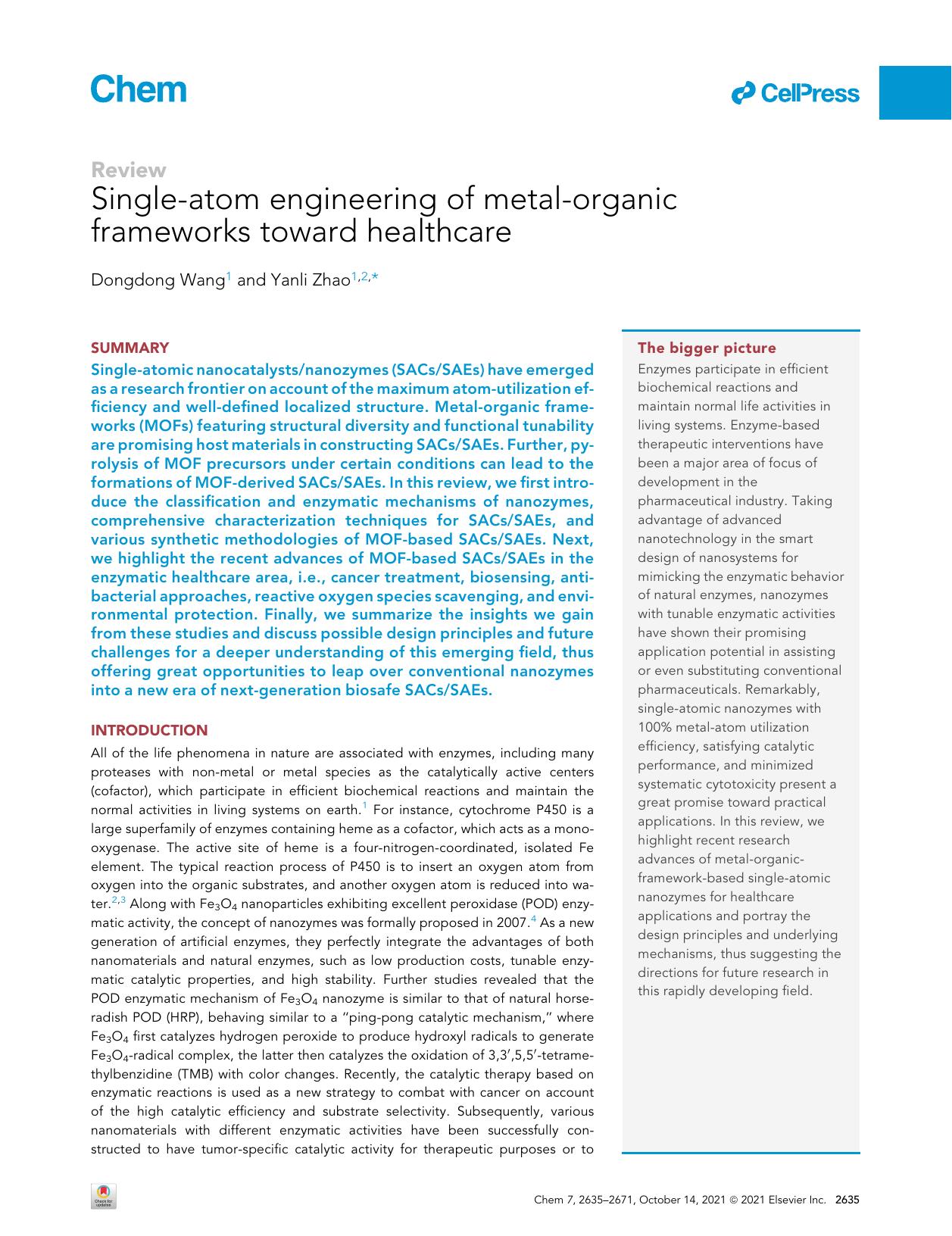 Single-atom engineering of metal-organic frameworks toward healthcare by Dongdong Wang & Yanli Zhao