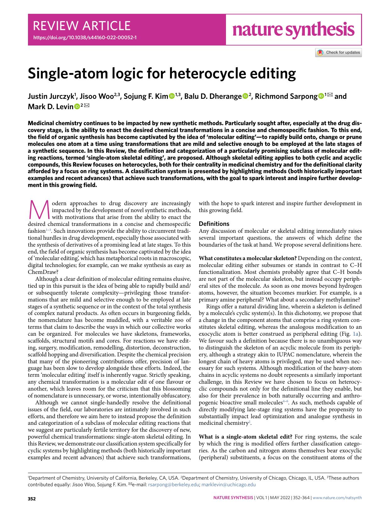 Single-atom logic for heterocycle editing by Justin Jurczyk & Jisoo Woo & Sojung F. Kim & Balu D. Dherange & Richmond Sarpong & Mark D. Levin