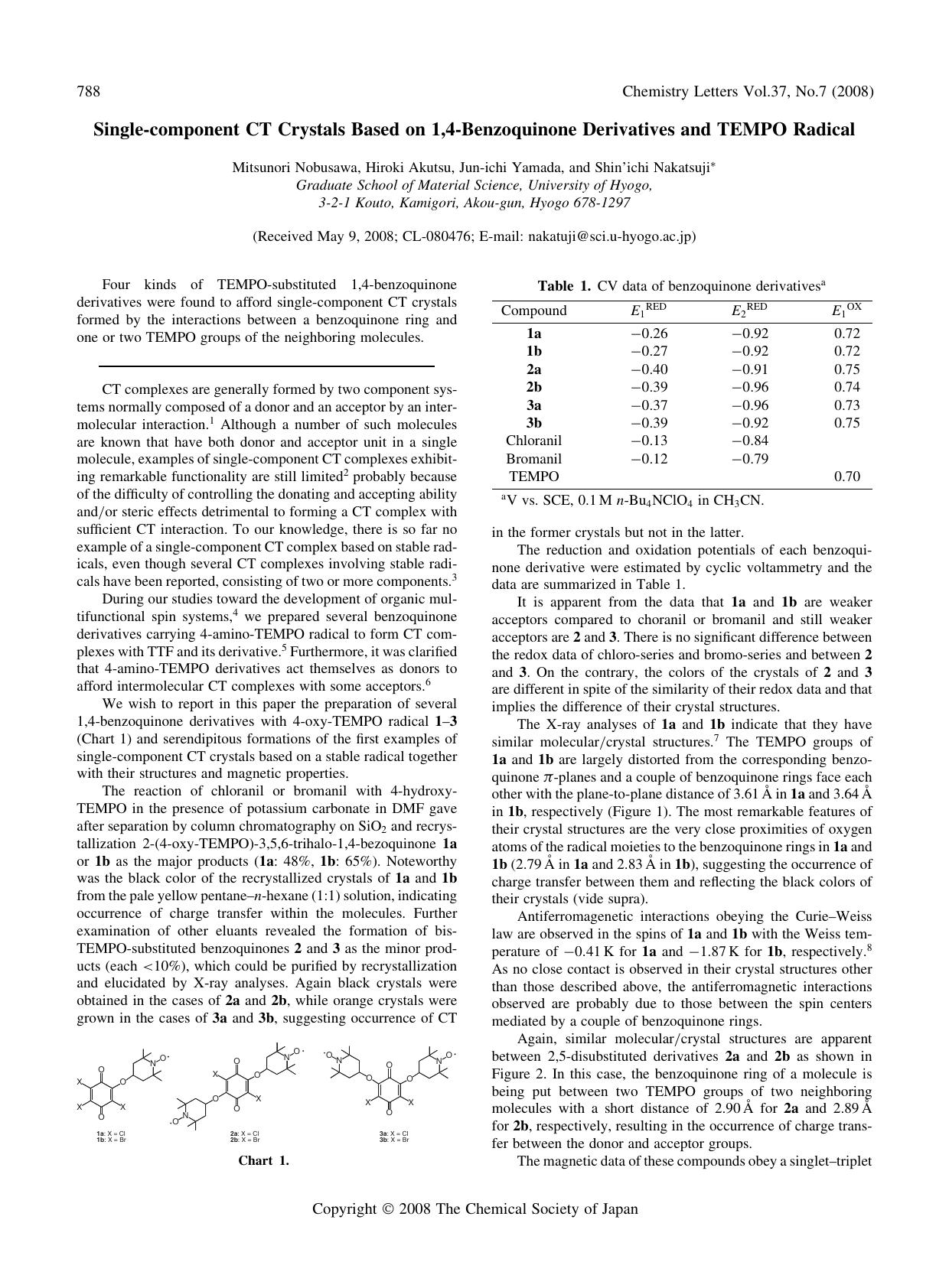 Single-component CT Crystals Based on 1,4-Benzoquinone Derivatives and TEMPO Radical by Mitsunori Nobusawa Hiroki Akutsu Jun-ichi Yamada and Shin'ichi Nakatsuji