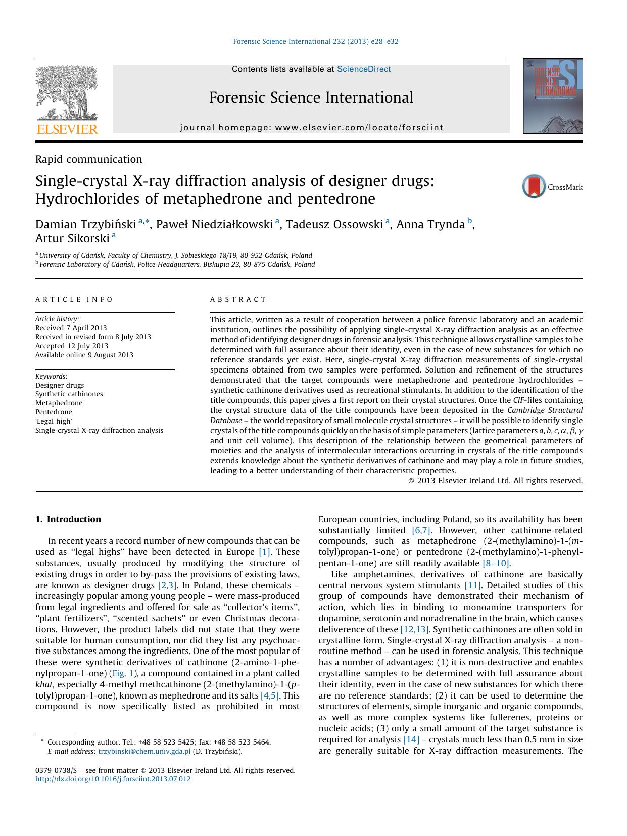 Single-crystal X-ray diffraction analysis of designer drugs: Hydrochlorides of metaphedrone and pentedrone by Damian Trzybiński & Paweł Niedziałkowski & Tadeusz Ossowski & Anna Trynda & Artur Sikorski