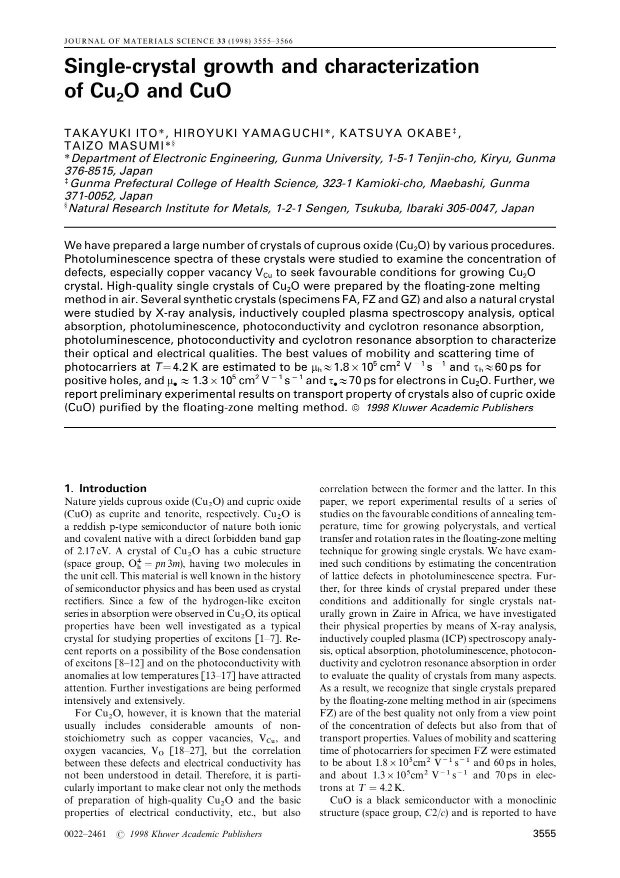 Single-crystal growth and characterization of Cu2O and CuO by Unknown