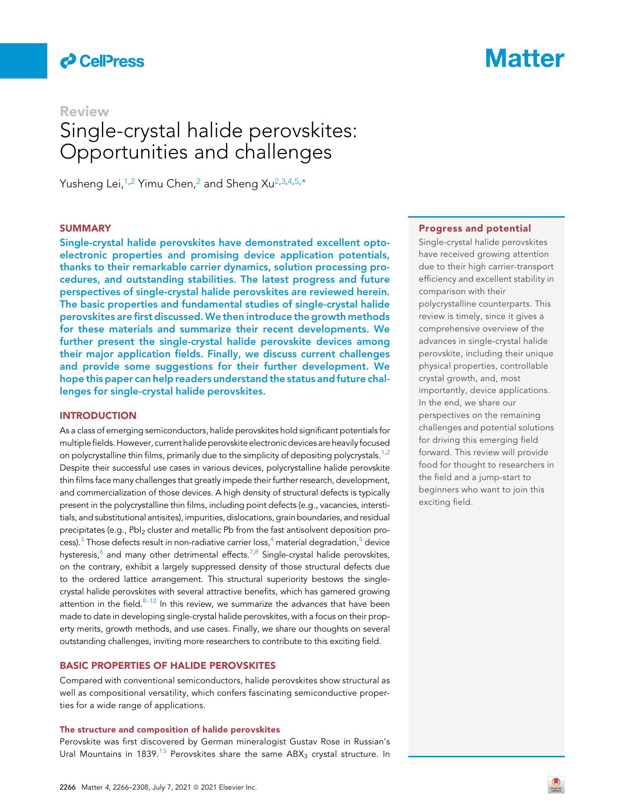 Single-crystal halide perovskites: Opportunities and challenges by Yusheng Lei & Yimu Chen & Sheng Xu