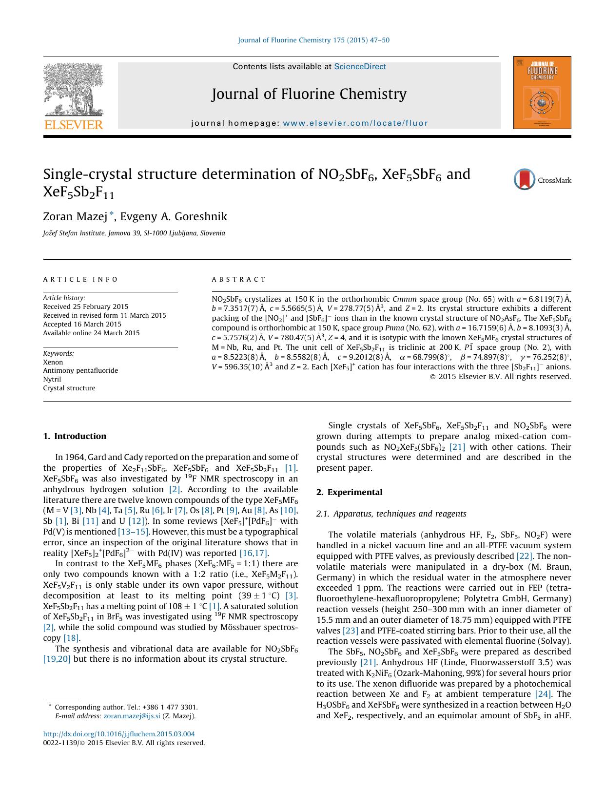 Single-crystal structure determination of NO2SbF6, XeF5SbF6 and XeF5Sb2F11 by Zoran Mazej & Evgeny A. Goreshnik