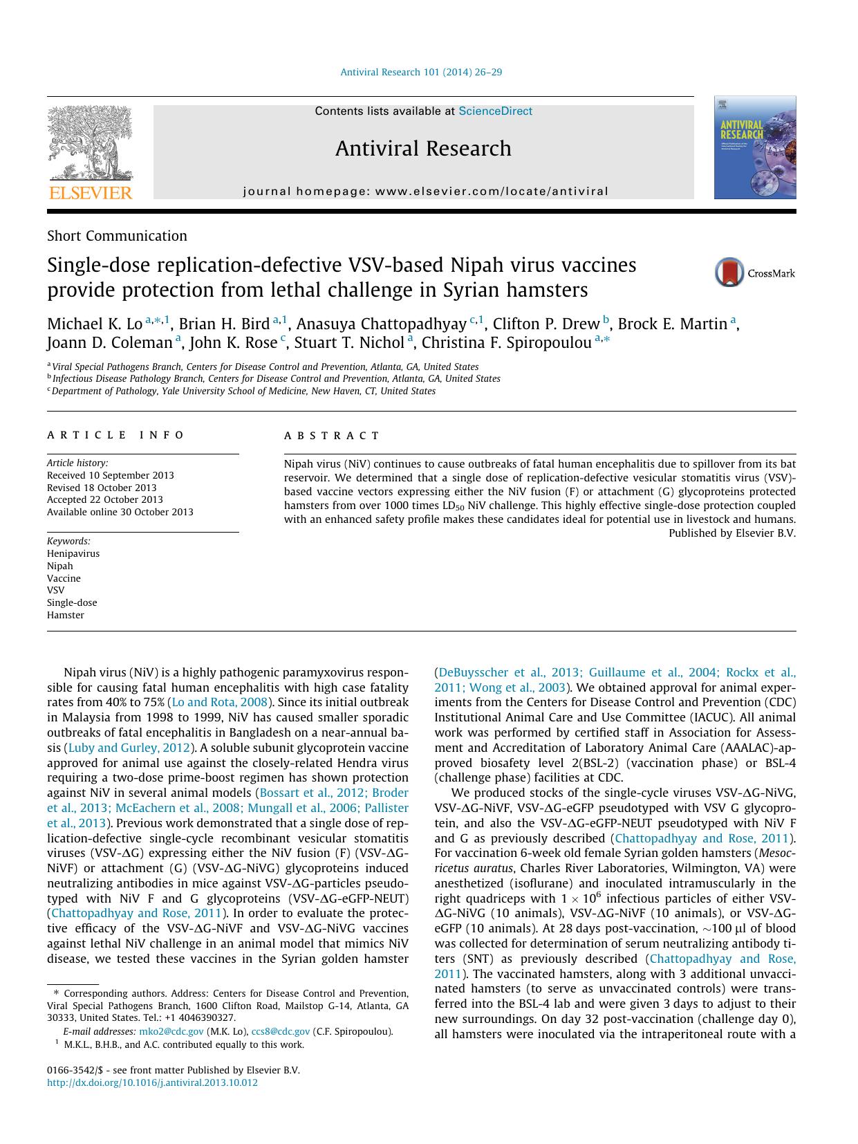 Single-dose replication-defective VSV-based Nipah virus vaccines provide protection from lethal challenge in Syrian hamsters by unknow