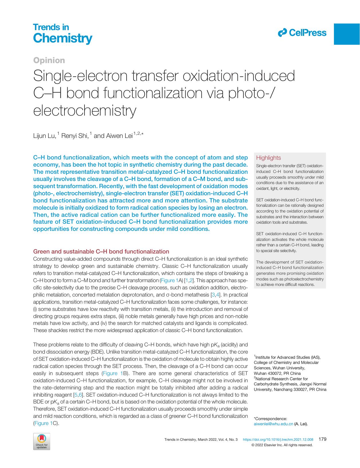 Single-electron transfer oxidation-induced C-H bond functionalization via photo-electrochemistry by Lijun Lu & Renyi Shi & Aiwen Lei