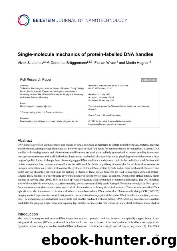 Single-molecule mechanics of protein-labelled DNA handles by Vivek S. Jadhav Dorothea Brüggemann Florian Wruck Martin Hegner