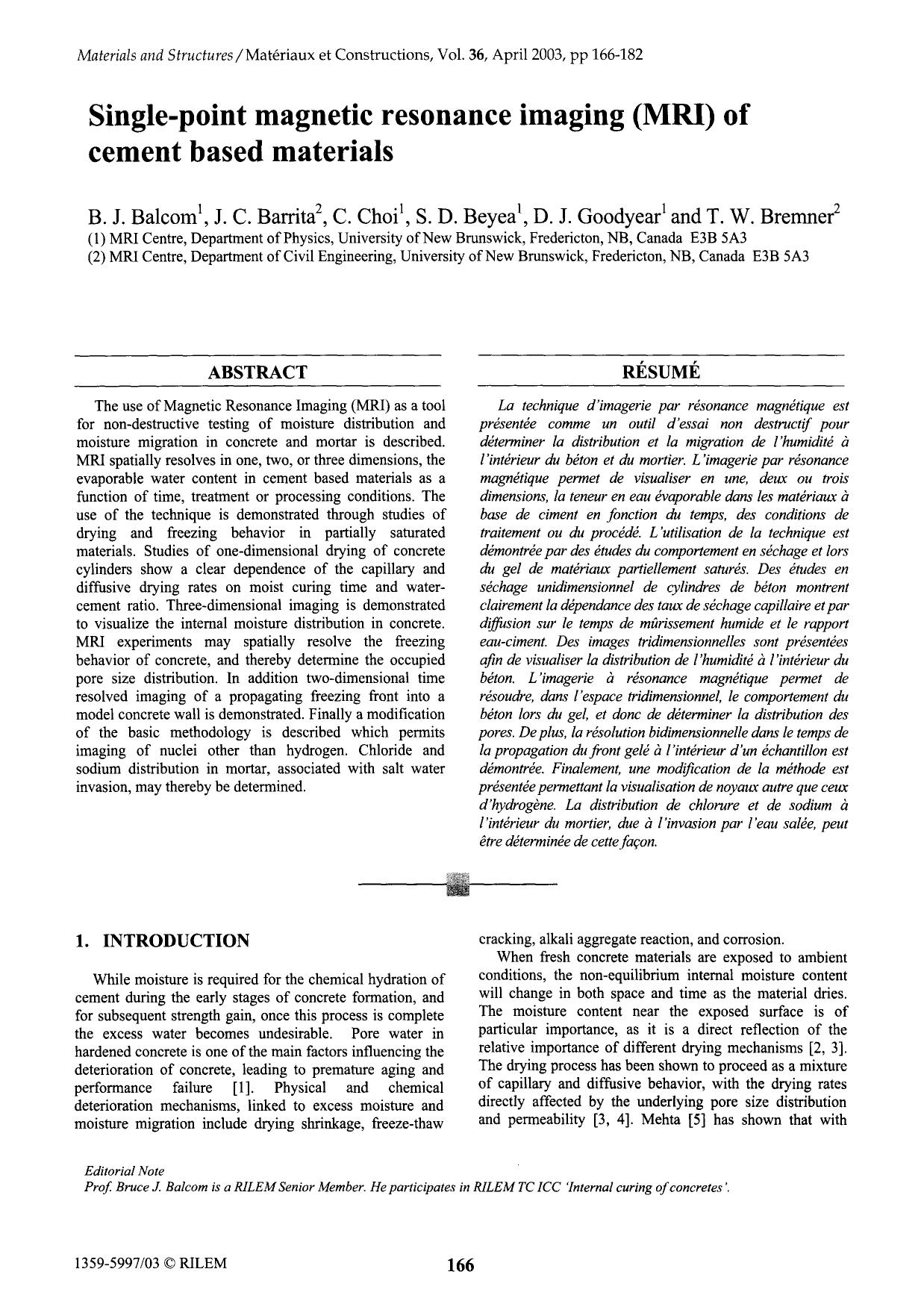 Single-point magnetic resonance imaging (MRI) of cement based materials by Unknown