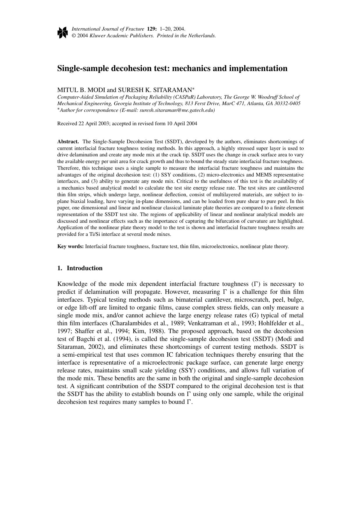 Single-sample decohesion test: mechanics and implementation by Unknown