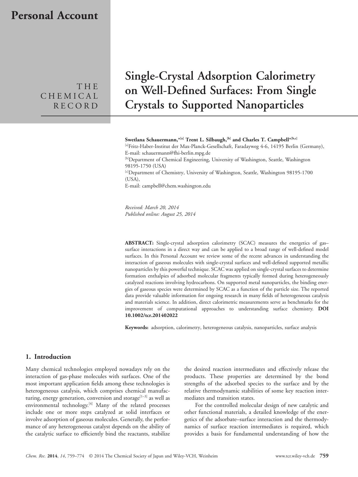 SingleCrystal Adsorption Calorimetry on WellDefined Surfaces: From Single Crystals to Supported Nanoparticles by Unknown