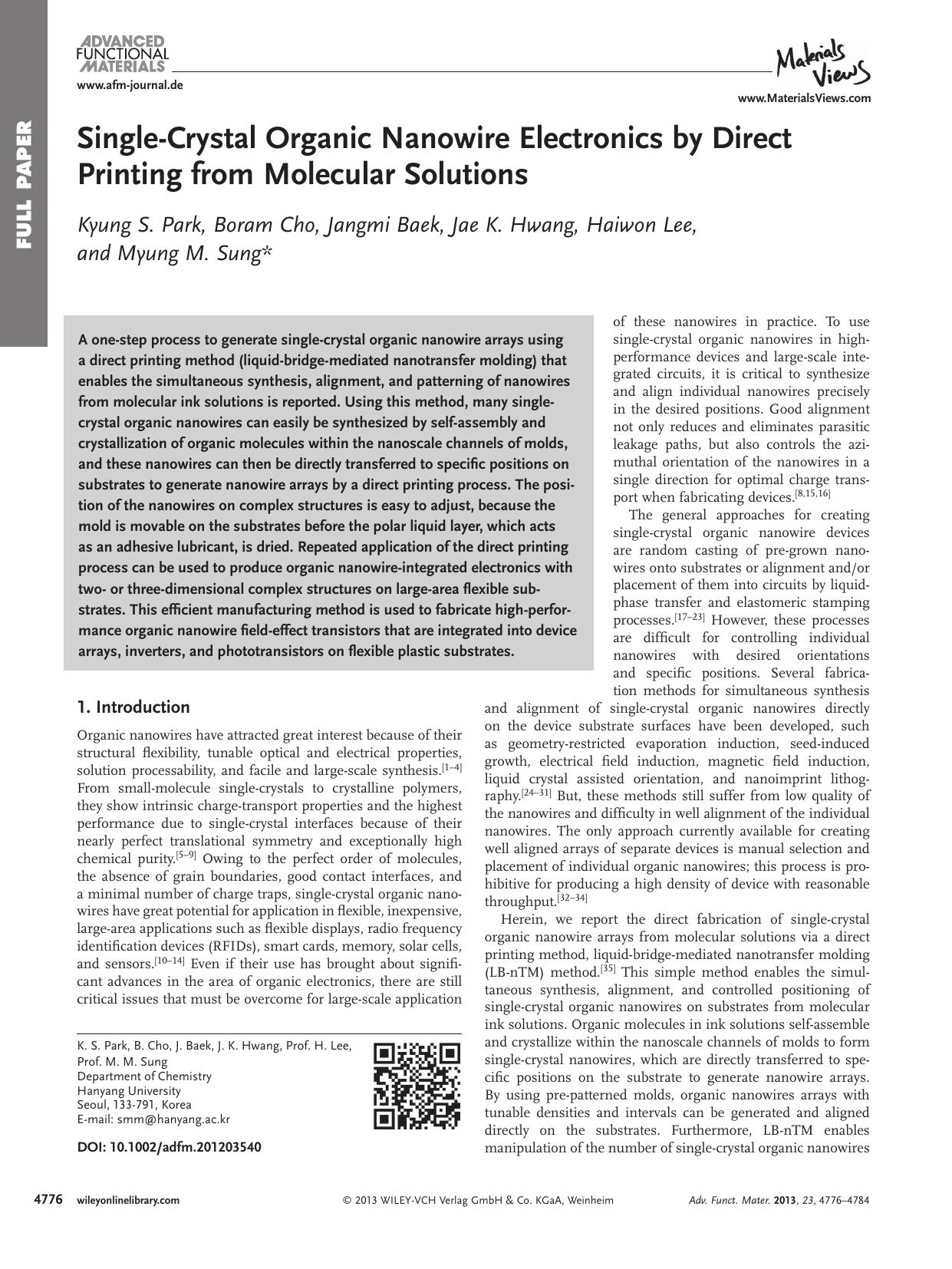 SingleCrystal Organic Nanowire Electronics by Direct Printing from Molecular Solutions by s-w-270