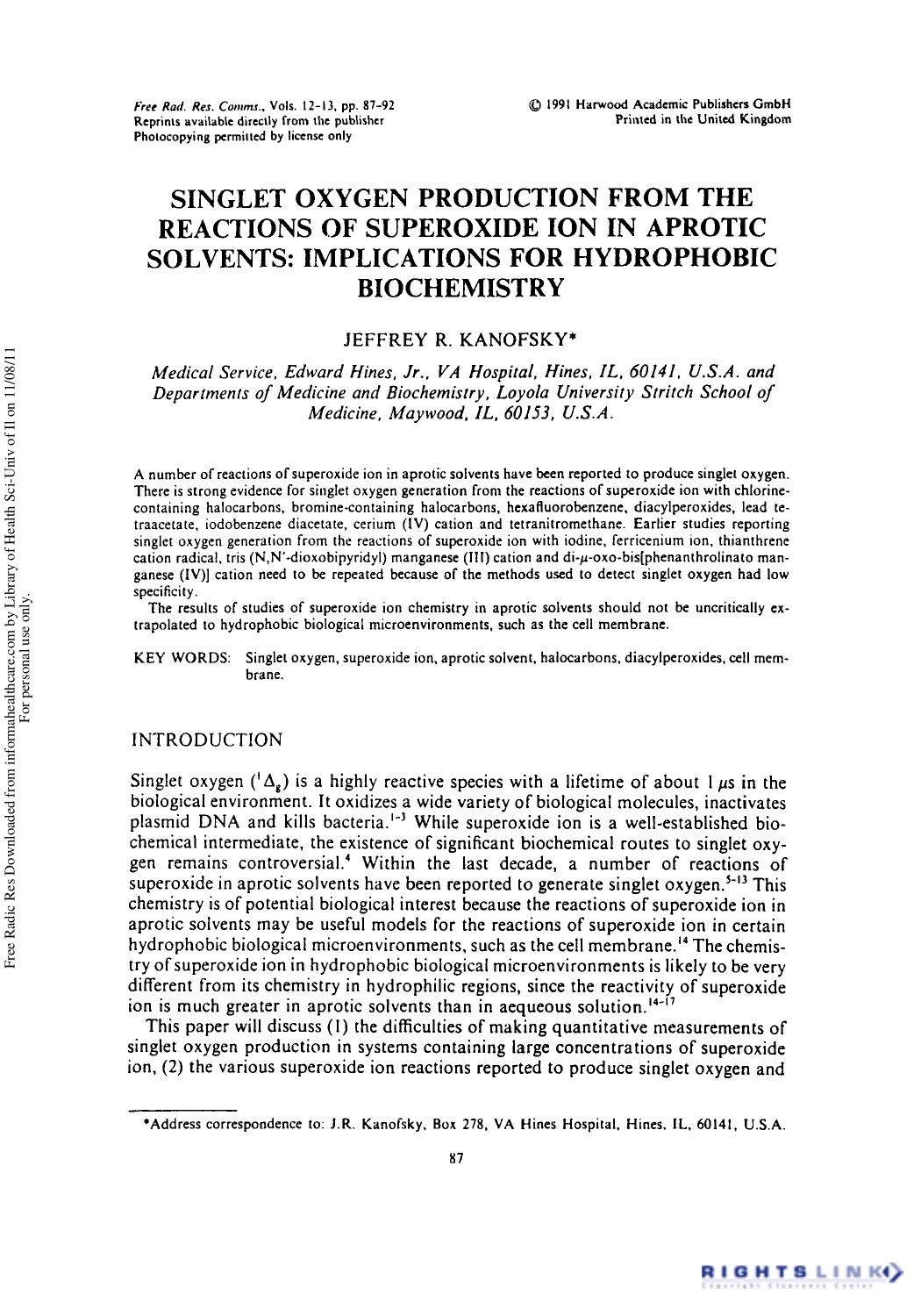 Singlet Oxygen Production from the Reactions of Superoxide Ion in Aprotic Solvents: Implications for Hydrophobic Biochemistry by Jeffrey R. Kanofsky1 2†