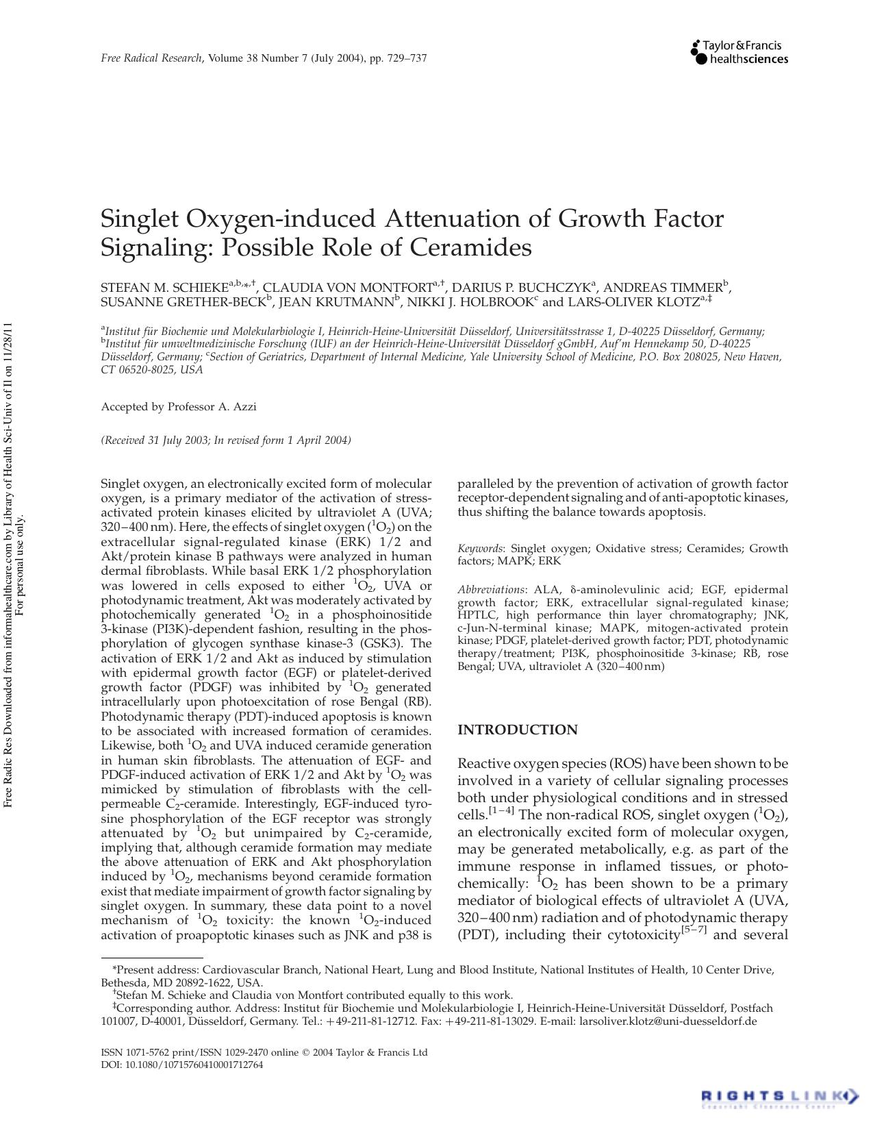 Singlet Oxygen-induced Attenuation of Growth Factor Signaling: Possible Role of Ceramides by unknow
