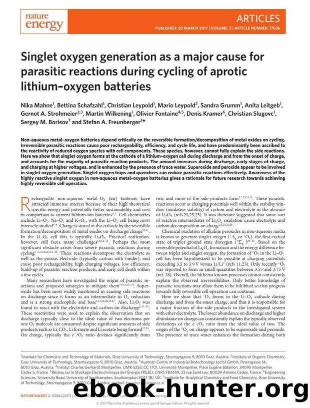 Singlet oxygen generation as a major cause for parasitic reactions during cycling of aprotic lithiumâoxygen batteries by unknow