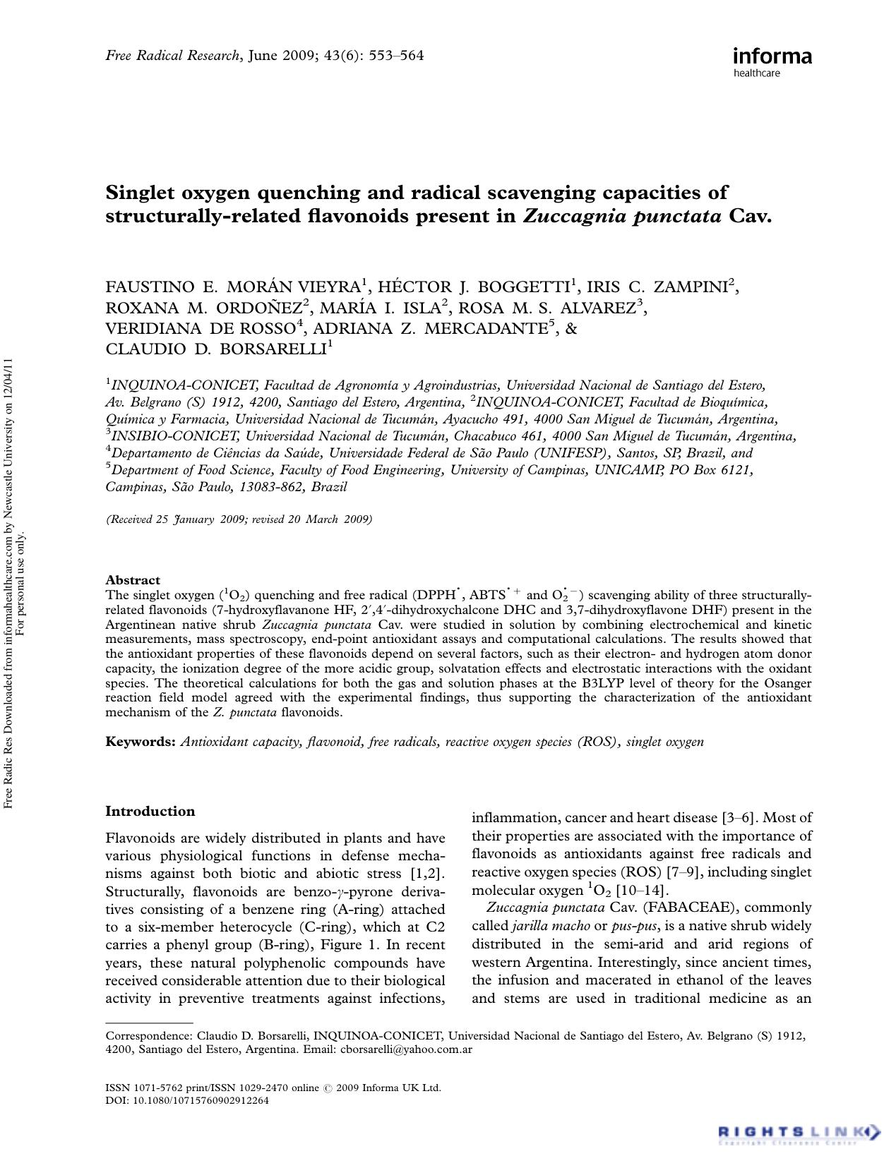 Singlet oxygen quenching and radical scavenging capacities of structurally-related flavonoids present in Zuccagnia punctata Cav. by unknow