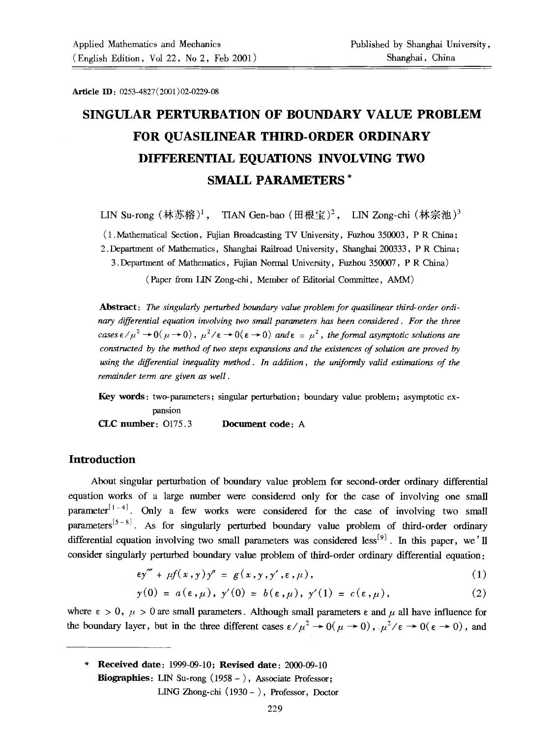 Singular perturbation of boundary value problem for quasilinear third-order ordinary differential equations involving two small parameters by Unknown