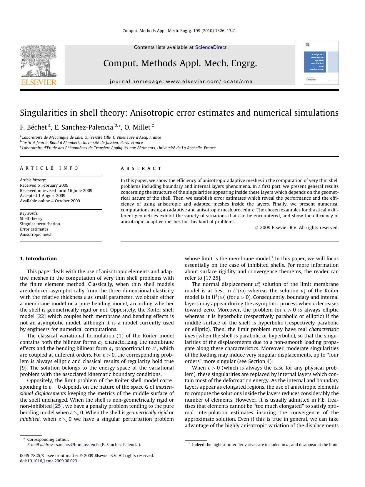 Singularities in shell theory: Anisotropic error estimates and numerical simulations by F. Béchet; E. Sanchez-Palencia; O. Millet