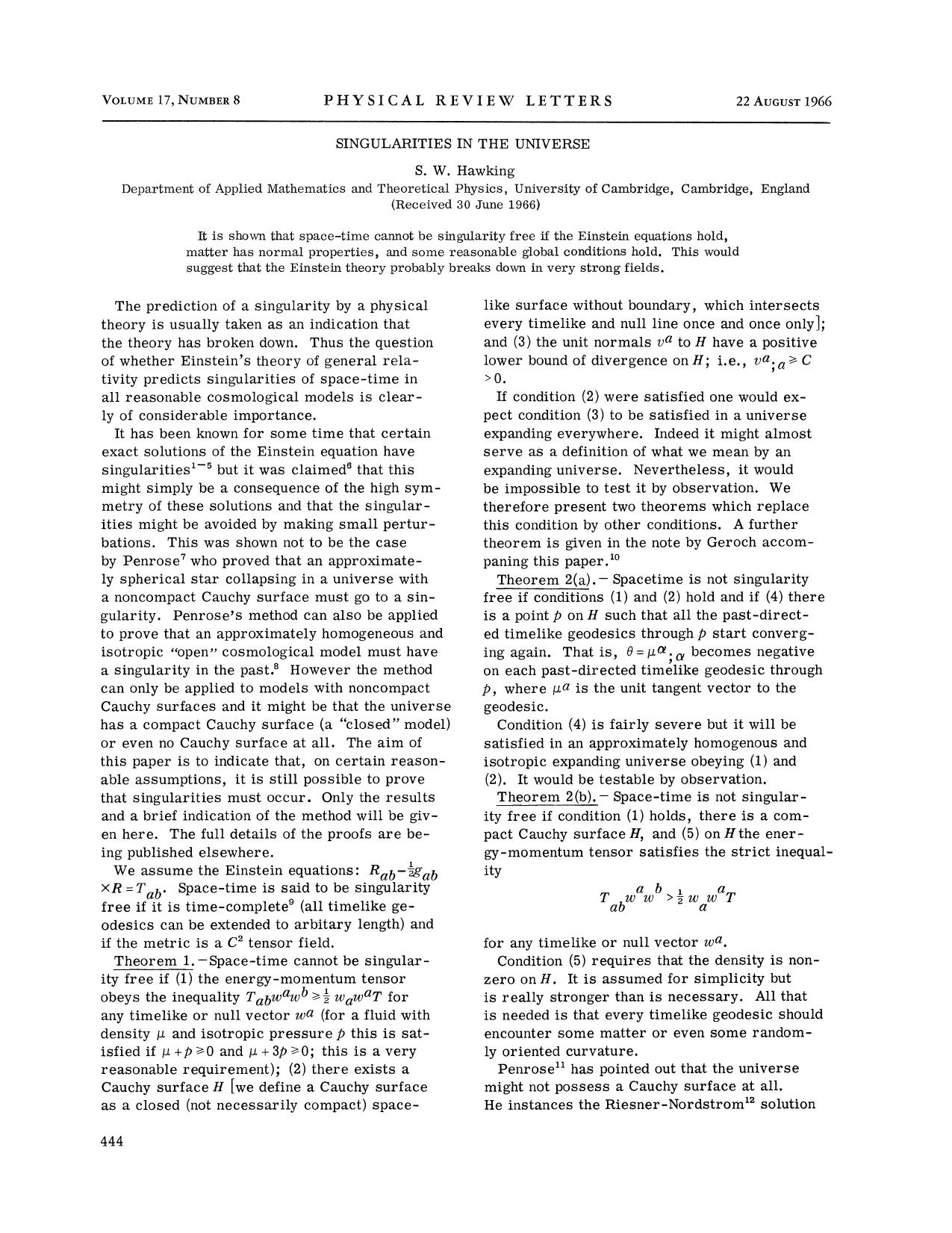 Singularities in the Universe by S. W. Hawking