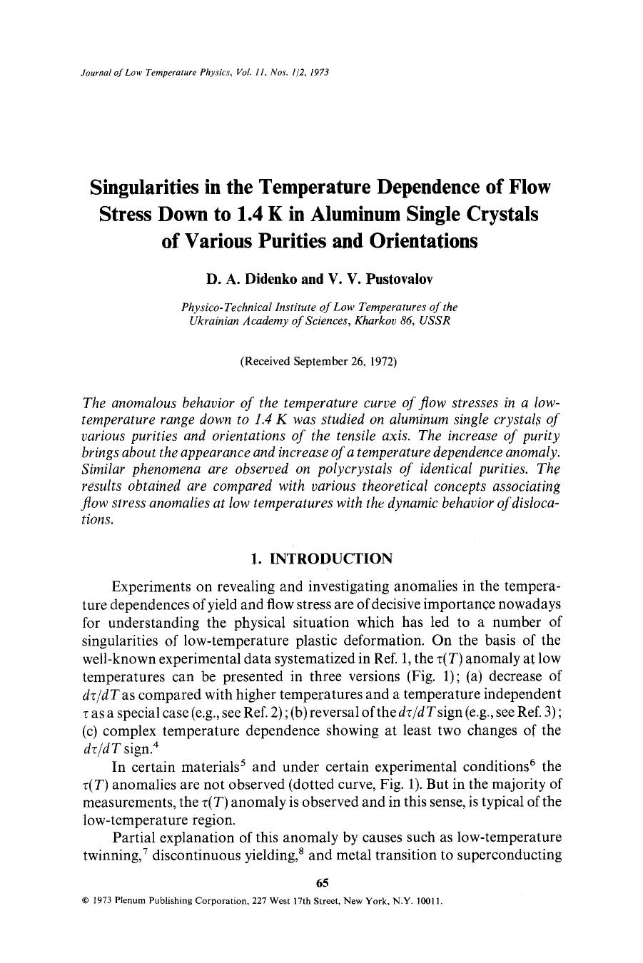 Singularities in the temperature dependence of flow stress down to 1.4 K in aluminum single crystals of various purities and orientations by Unknown