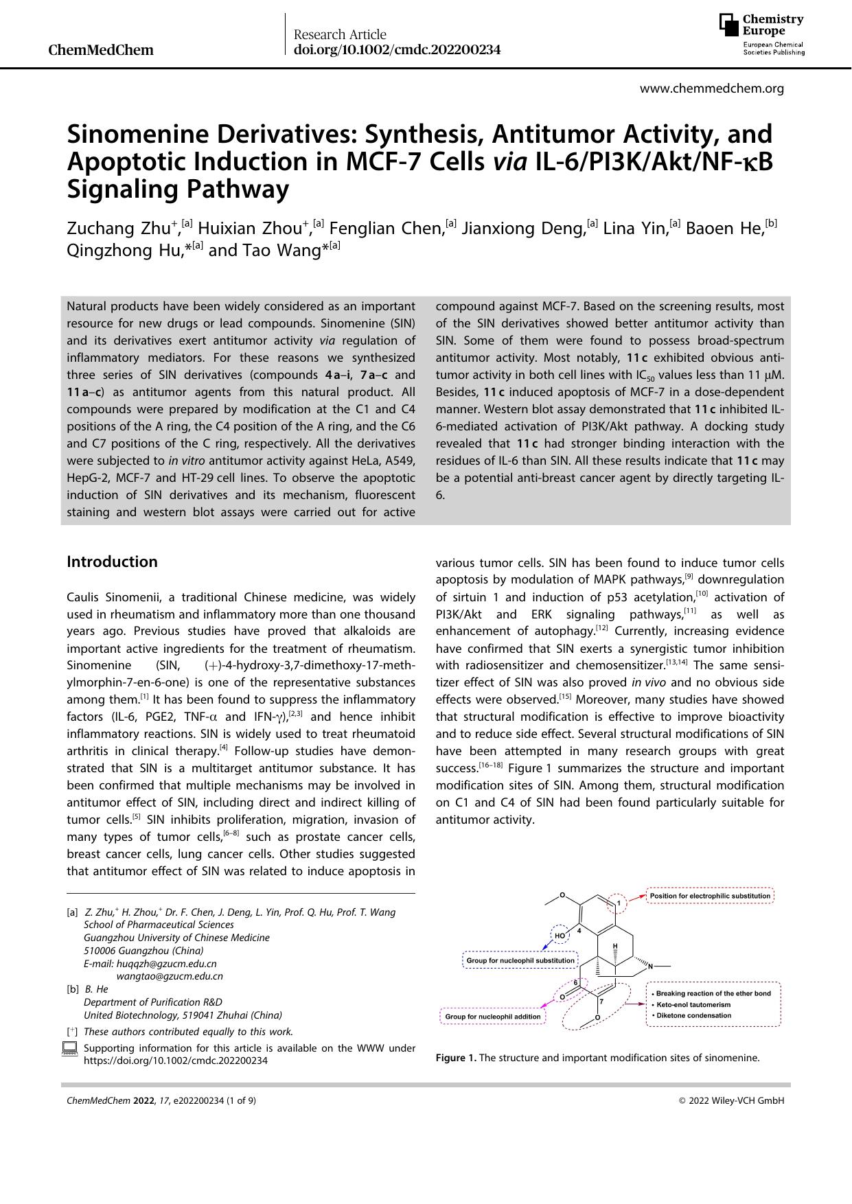 Sinomenine Derivatives: Synthesis, Antitumor Activity, and Apoptotic Induction in MCFâ7 Cells via ILâ6PI3KAktNFâÎºB Signaling Pathway by Unknown