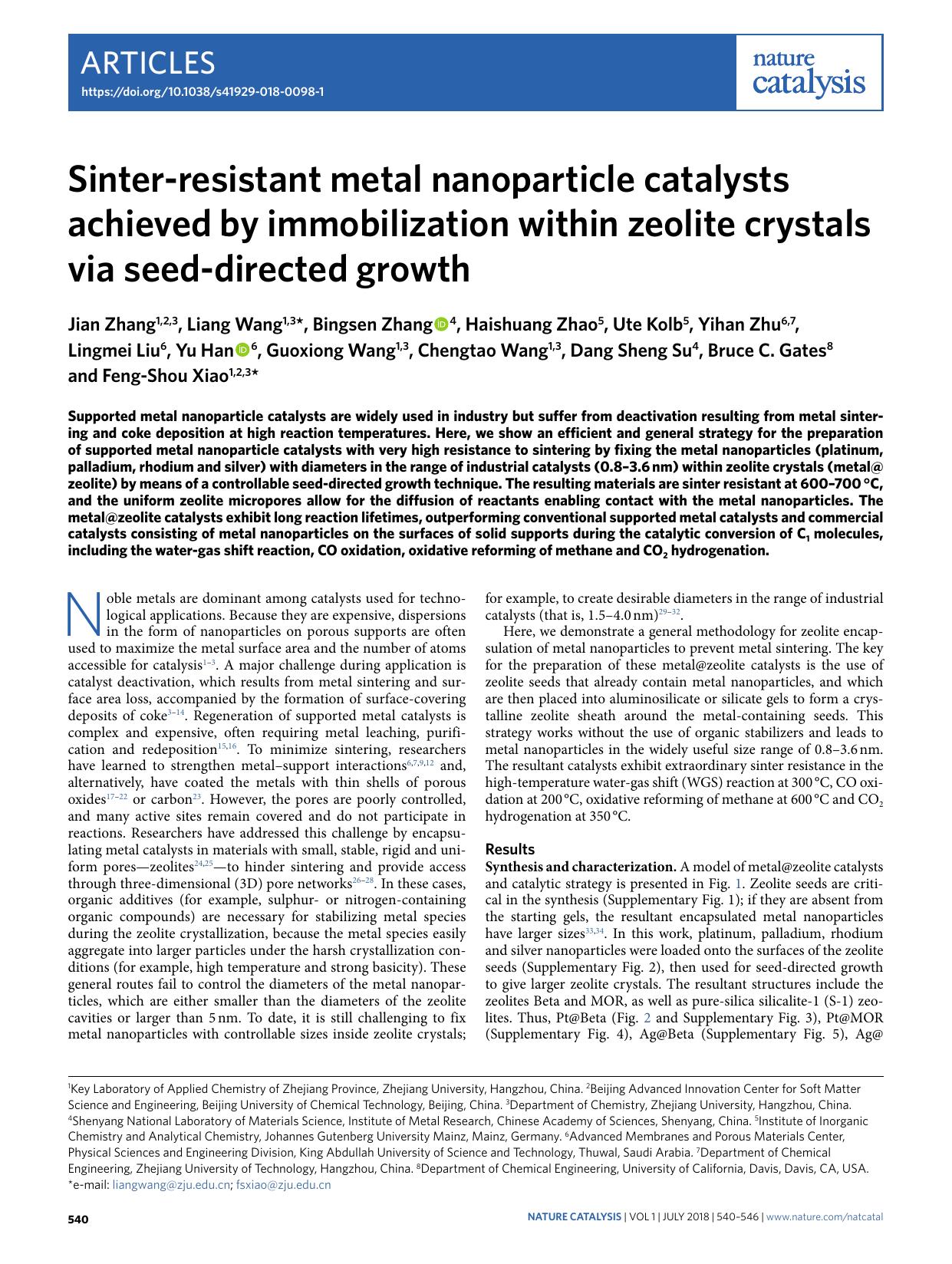 Sinter-resistant metal nanoparticle catalysts achieved by immobilization within zeolite crystals via seed-directed growth by unknow