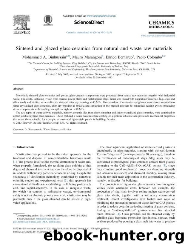 Sintered and glazed glass-ceramics from natural and waste raw materials by Mohammed A. Binhussain & Mauro Marangoni & Enrico Bernardo & Paolo Colombo