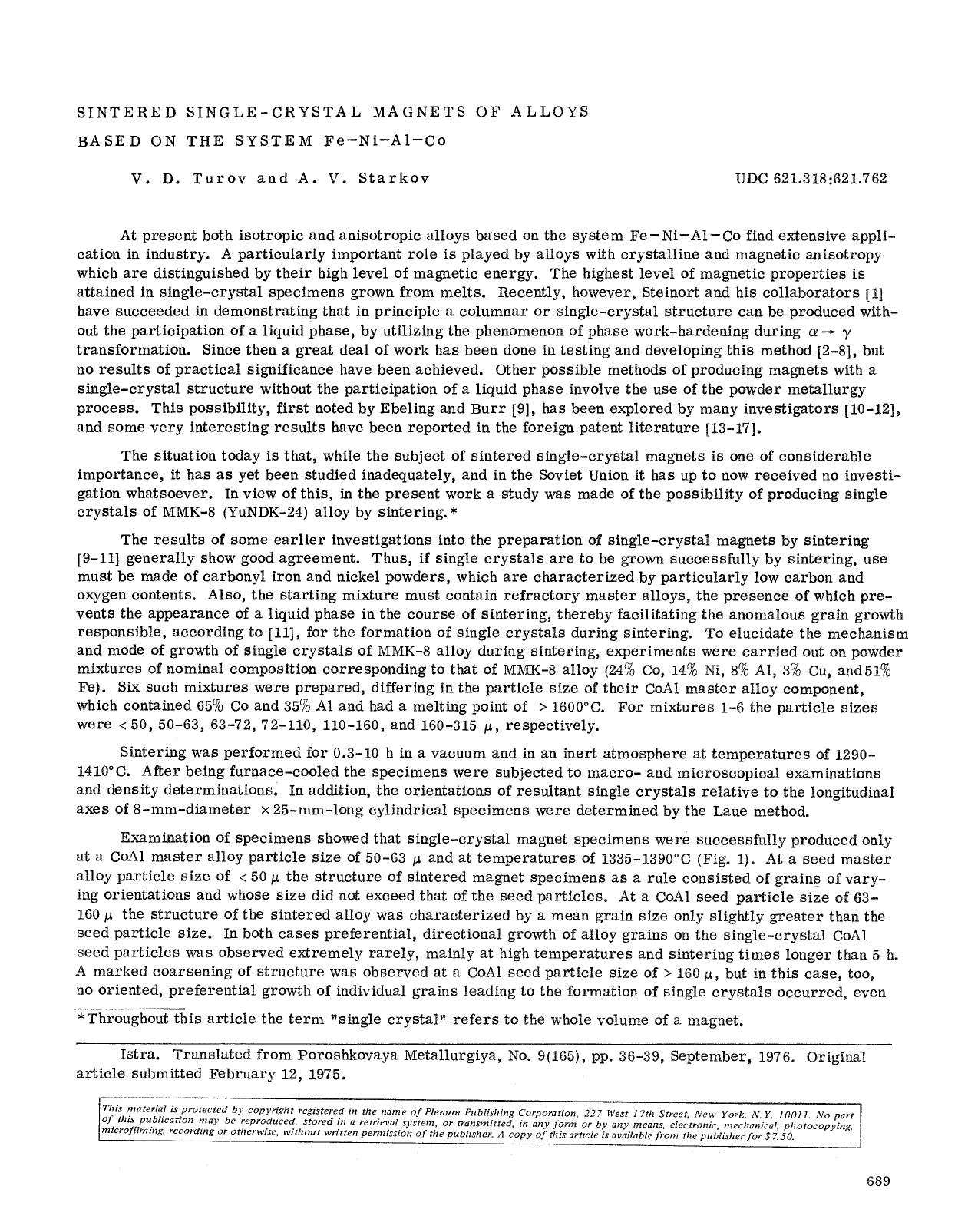 Sintered single-crystal magnets of alloys based on the system Fe-Ni-Al-Co by Unknown