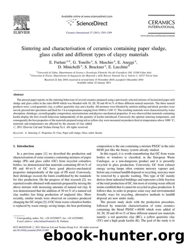 Sintering and characterisation of ceramics containing paper sludge, glass cullet and different types of clayey materials by E. Furlani