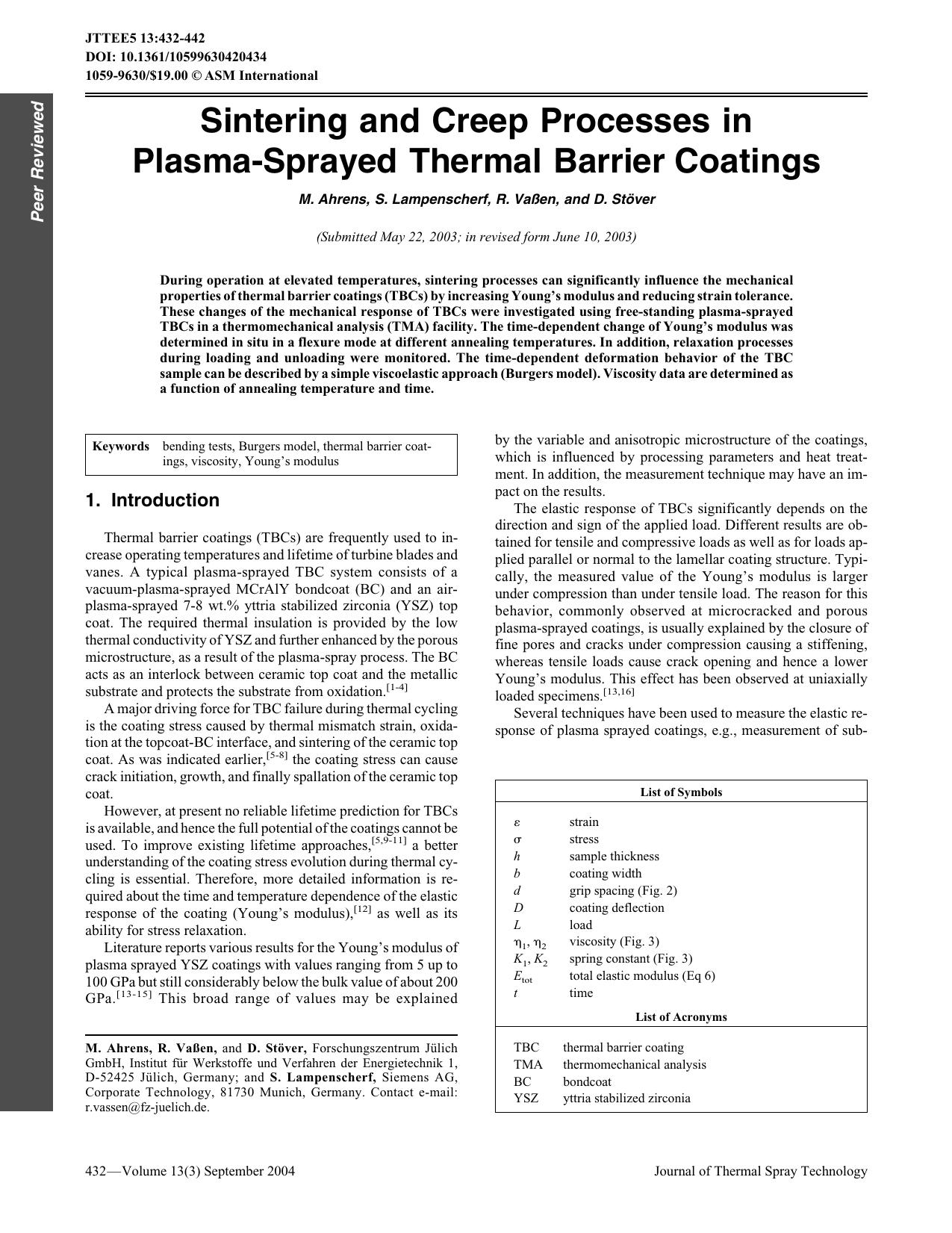 Sintering and creep processes in plasma-sprayed thermal barrier coatings by Unknown