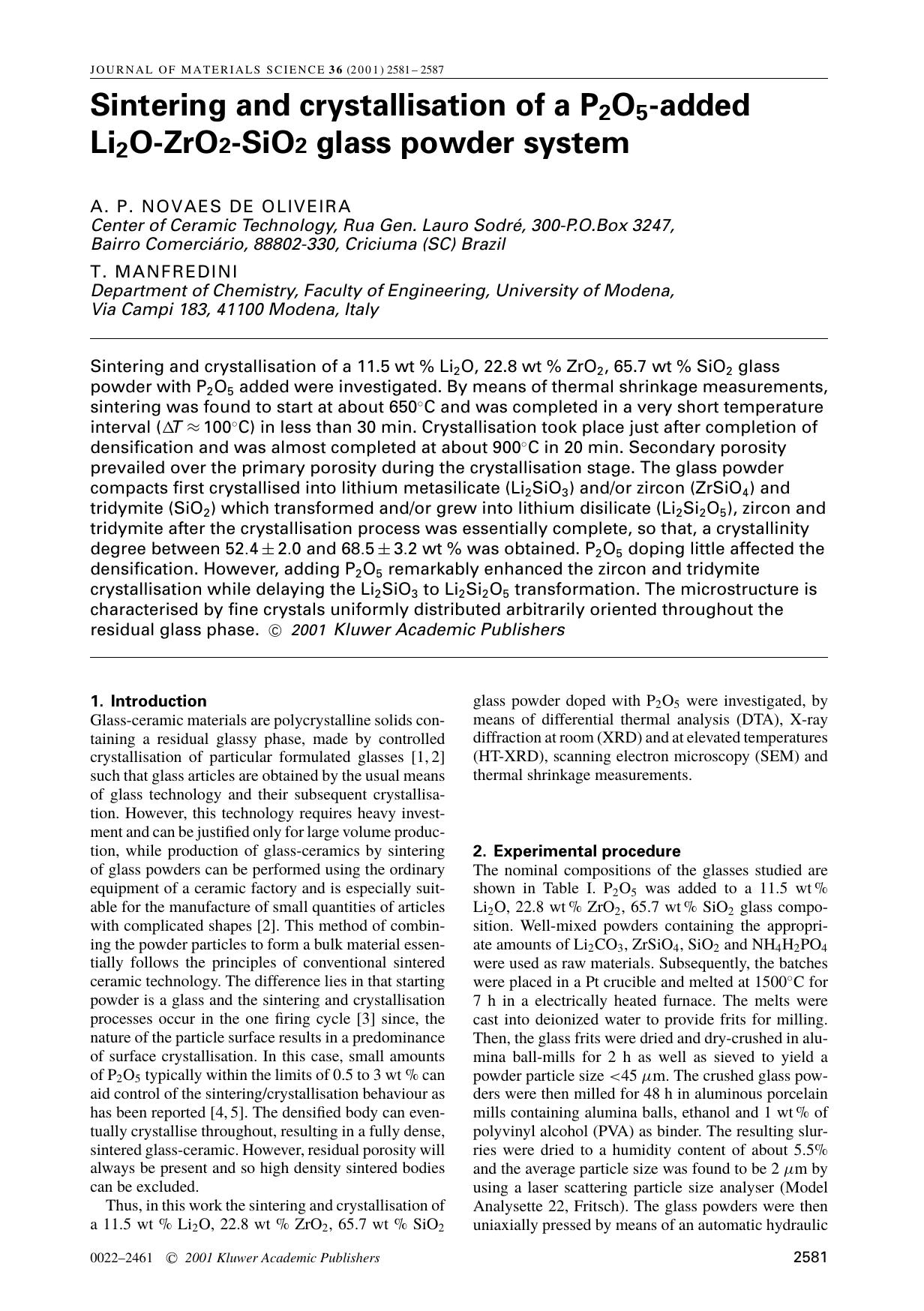 Sintering and crystallisation of a P2O5-added Li2O-ZrO2-SiO2 glass powder system by Unknown