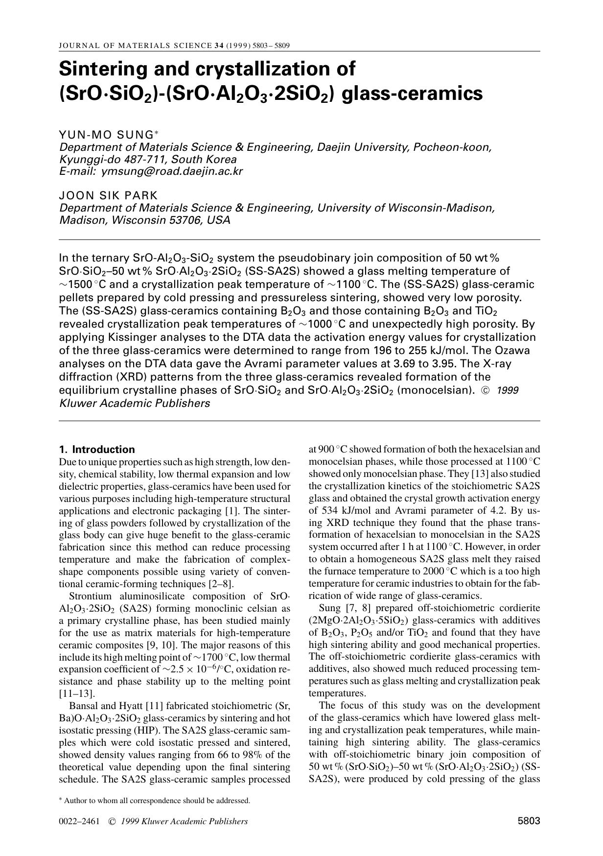 Sintering and crystallization of (SrO·SiO2)-(SrO·Al2O3·2SiO2) glass-ceramics by Unknown