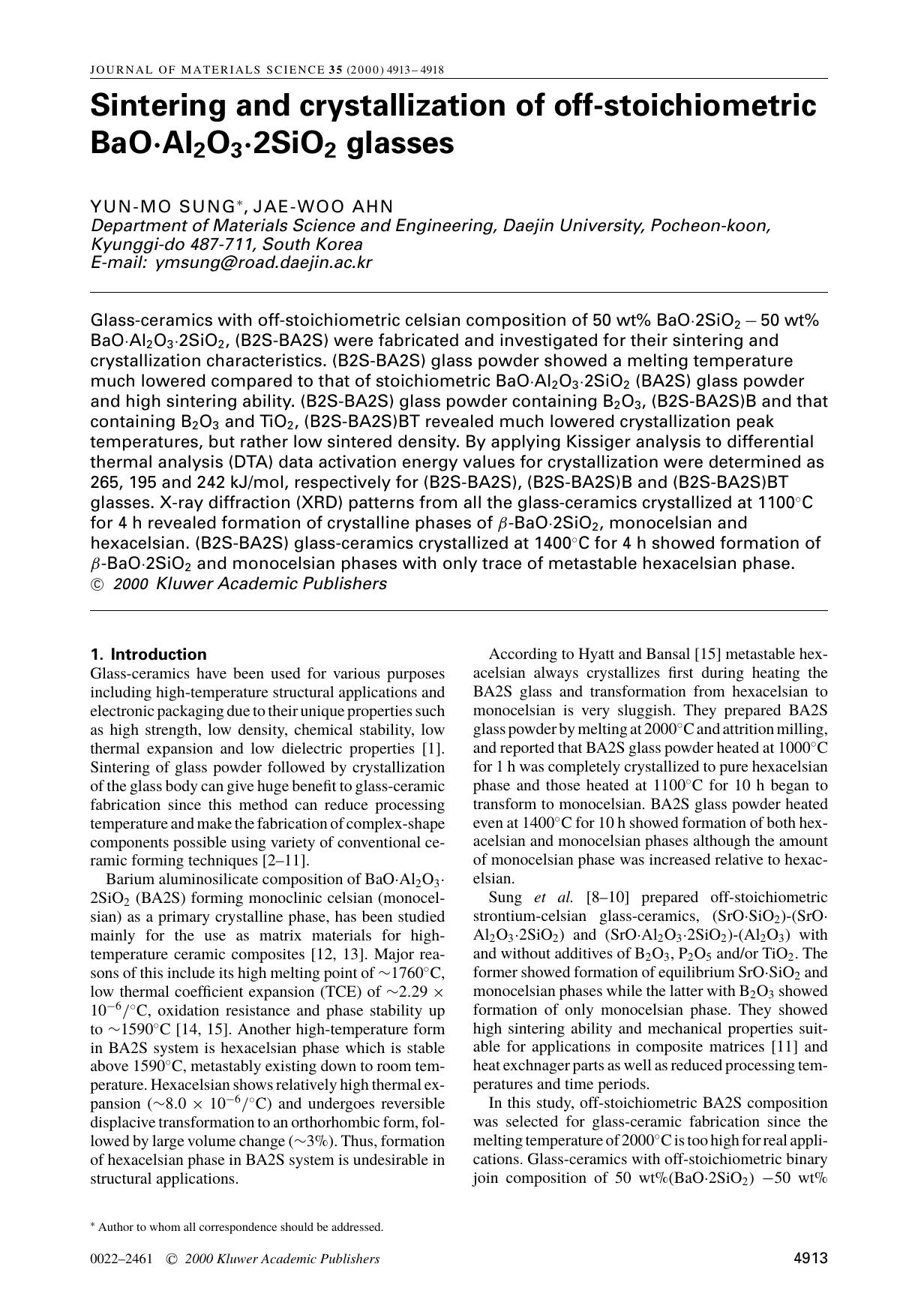 Sintering and crystallization of off-stoichiometric BaO·Al2O3·2SiO2 glasses by Unknown