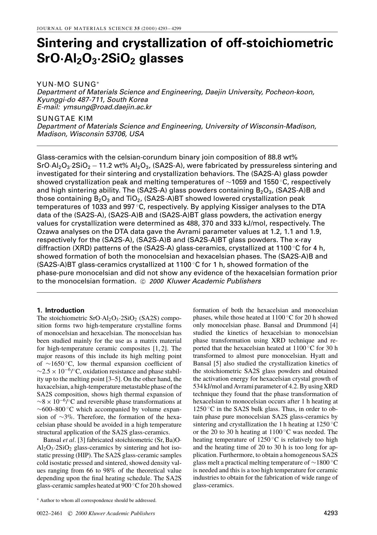 Sintering and crystallization of off-stoichiometric SrO·Al2O3·2SiO2 glasses by Unknown