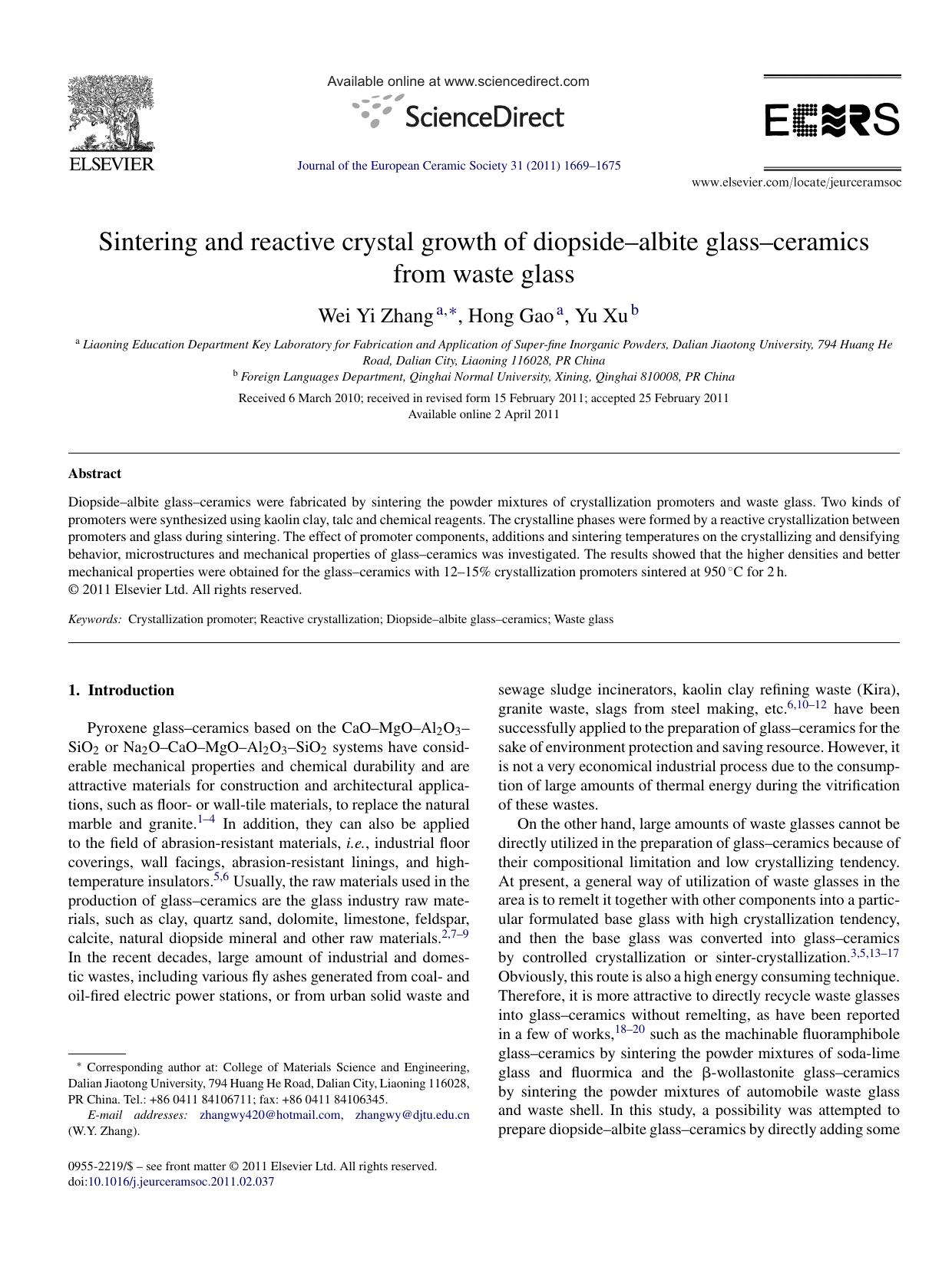 Sintering and reactive crystal growth of diopsideÃ¢â¬âalbite glassÃ¢â¬âceramics from waste glass by Wei Yi Zhang