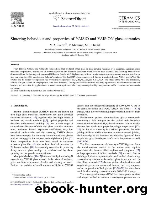 Sintering behaviour and properties of YAlSiO and YAlSiON glass-ceramics by M.A. Sainz