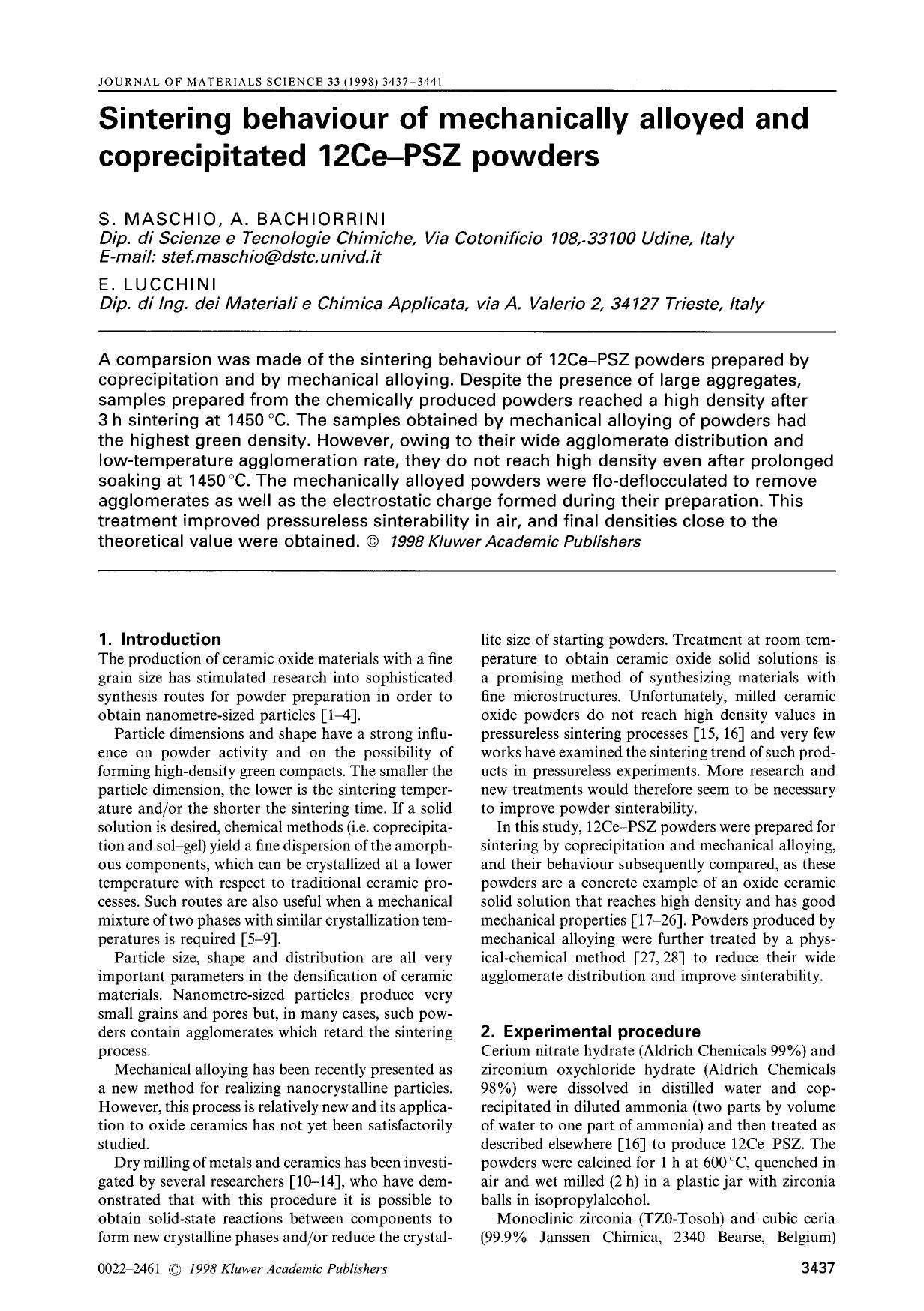 Sintering behaviour of mechanically alloyed and coprecipitated 12Ce–PSZ powders by Unknown
