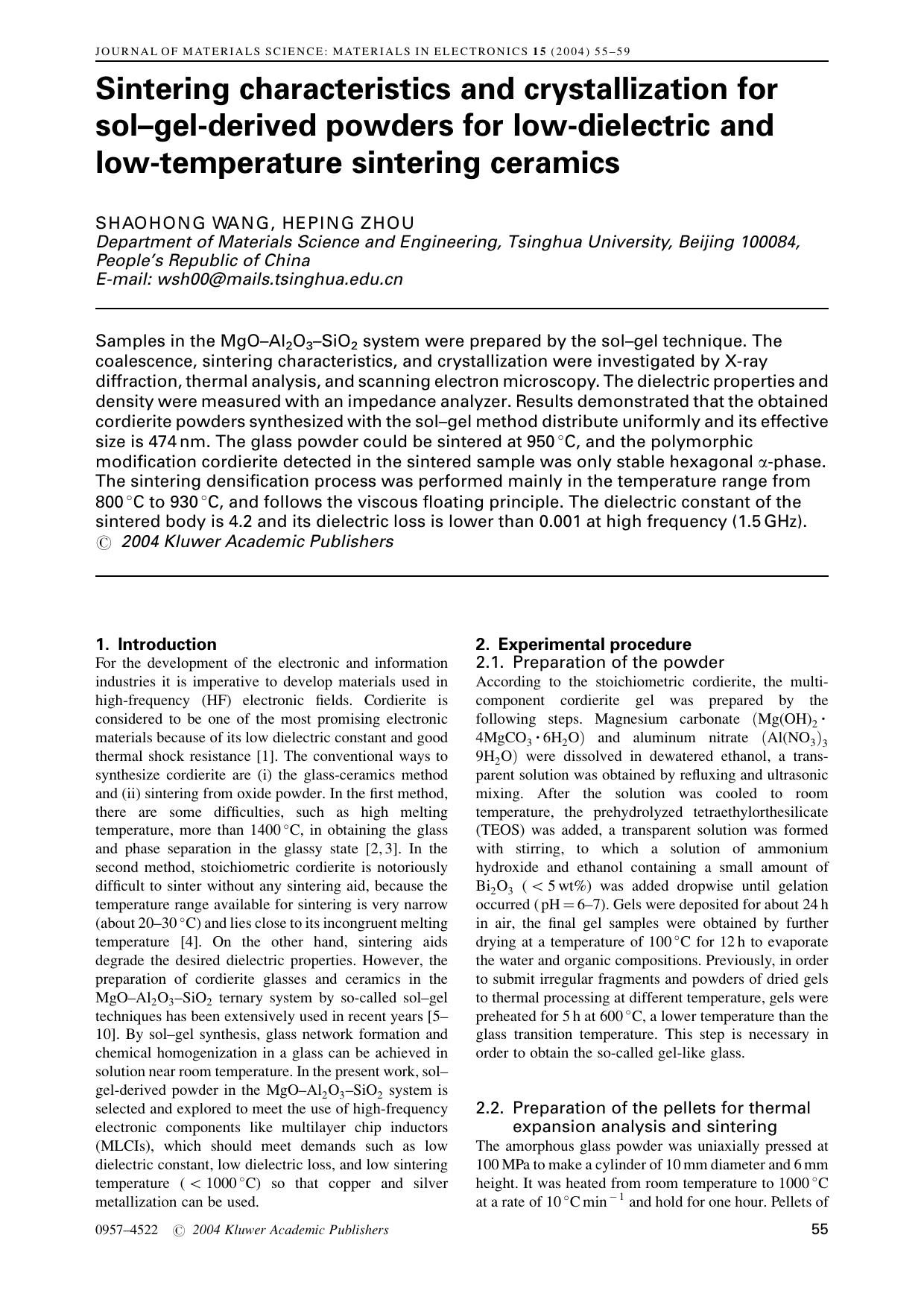 Sintering characteristics and crystallization for sol–gel-derived powders for low-dielectric and low-temperature sintering ceramics by Unknown