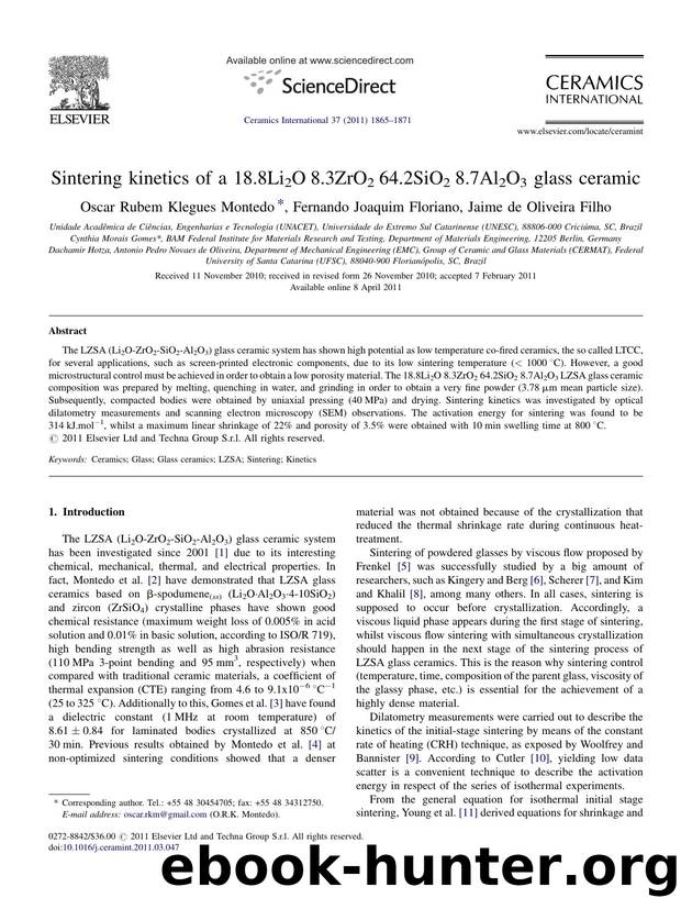 Sintering kinetics of a 18.8Li2O8.3ZrO264.2SiO28.7Al2O3 glass ceramic by Oscar Rubem Klegues Montedo