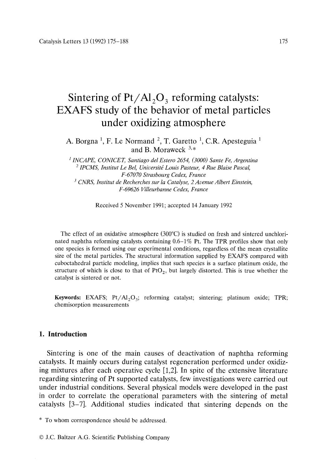 Sintering of PtAl <Subscript>2 <Subscript>O <Subscript>3 <Subscript> reforming catalysts: EXAFS study of the behavior of metal particles under oxidizing atmosphere by Unknown