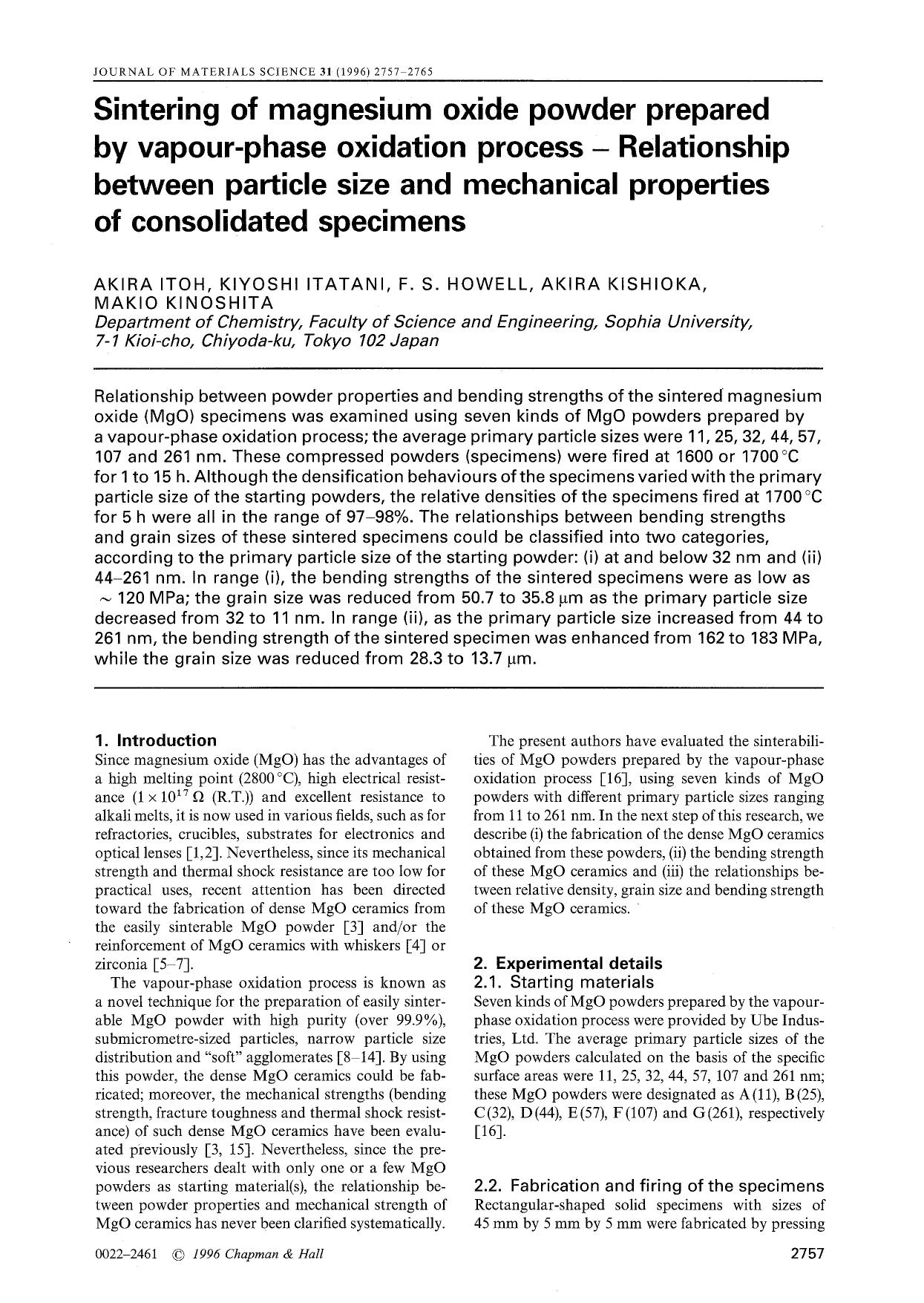 Sintering of magnesium oxide powder prepared by vapour-phase oxidation process — Relationship between particle size and mechanical properties of consolidated specimens by Unknown