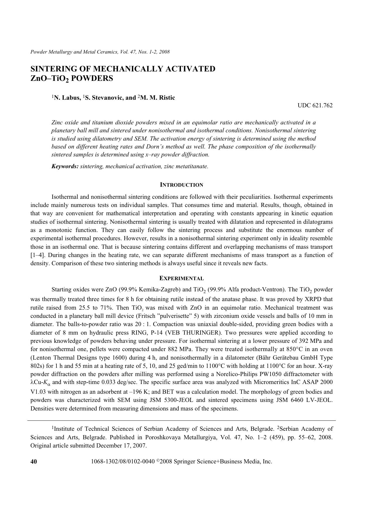 Sintering of mechanically activated Zno-TiO<Subscript>2<Subscript> powders by Unknown
