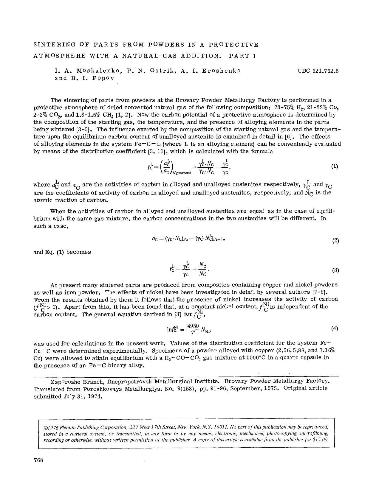 Sintering of parts from powders in a protective atmosphere with a natural-gas addition. Part I by Unknown