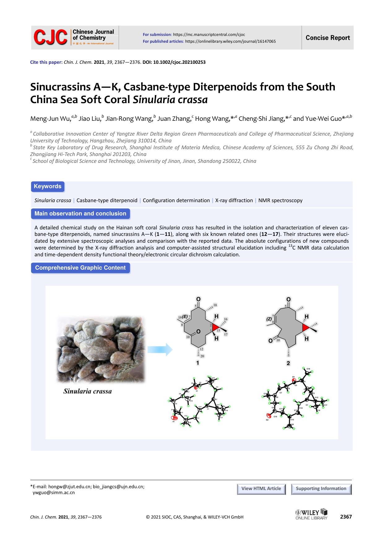 Sinucrassins AâK, Casbane-type Diterpenoids from the South China Sea Soft Coral Sinularia crassa by unknown