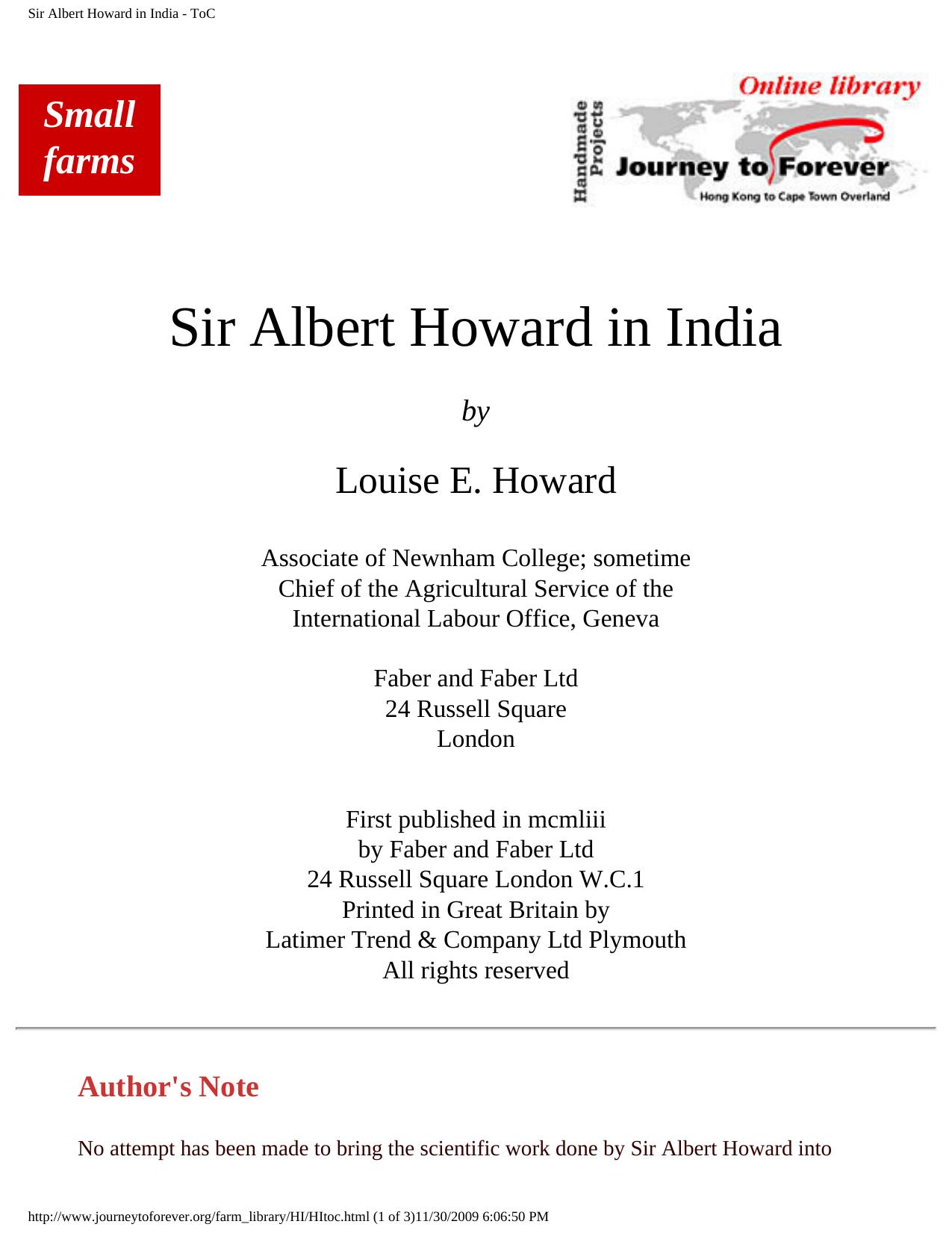 Sir Albert Howard in India - ToC by Unknown