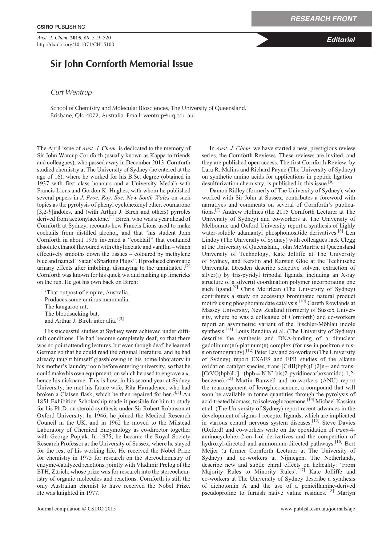 Sir John Cornforth Memorial Issue by C. Wentrup