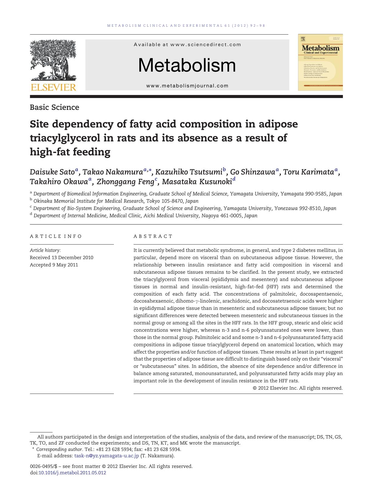Site dependency of fatty acid composition in adipose triacylglycerol in rats and its absence as a result of high-fat feeding by Daisuke Sato
