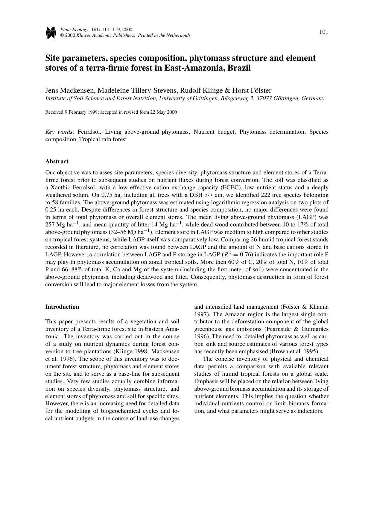 Site parameters, species composition, phytomass structure and element stores of a terra-firme forest in East-Amazonia, Brazil by Unknown