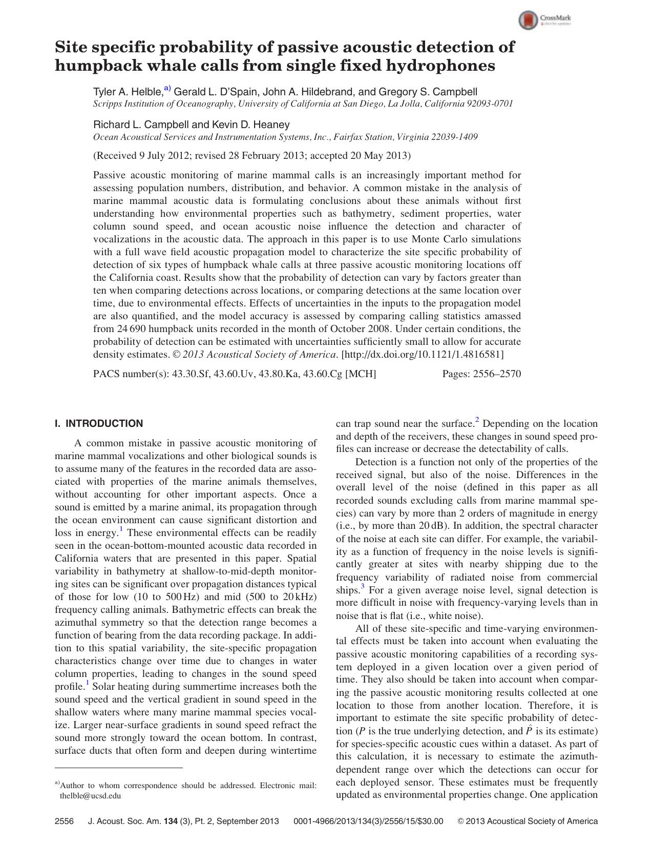 Site specific probability of passive acoustic detection of humpback whale calls from single fixed hydrophones by unknow