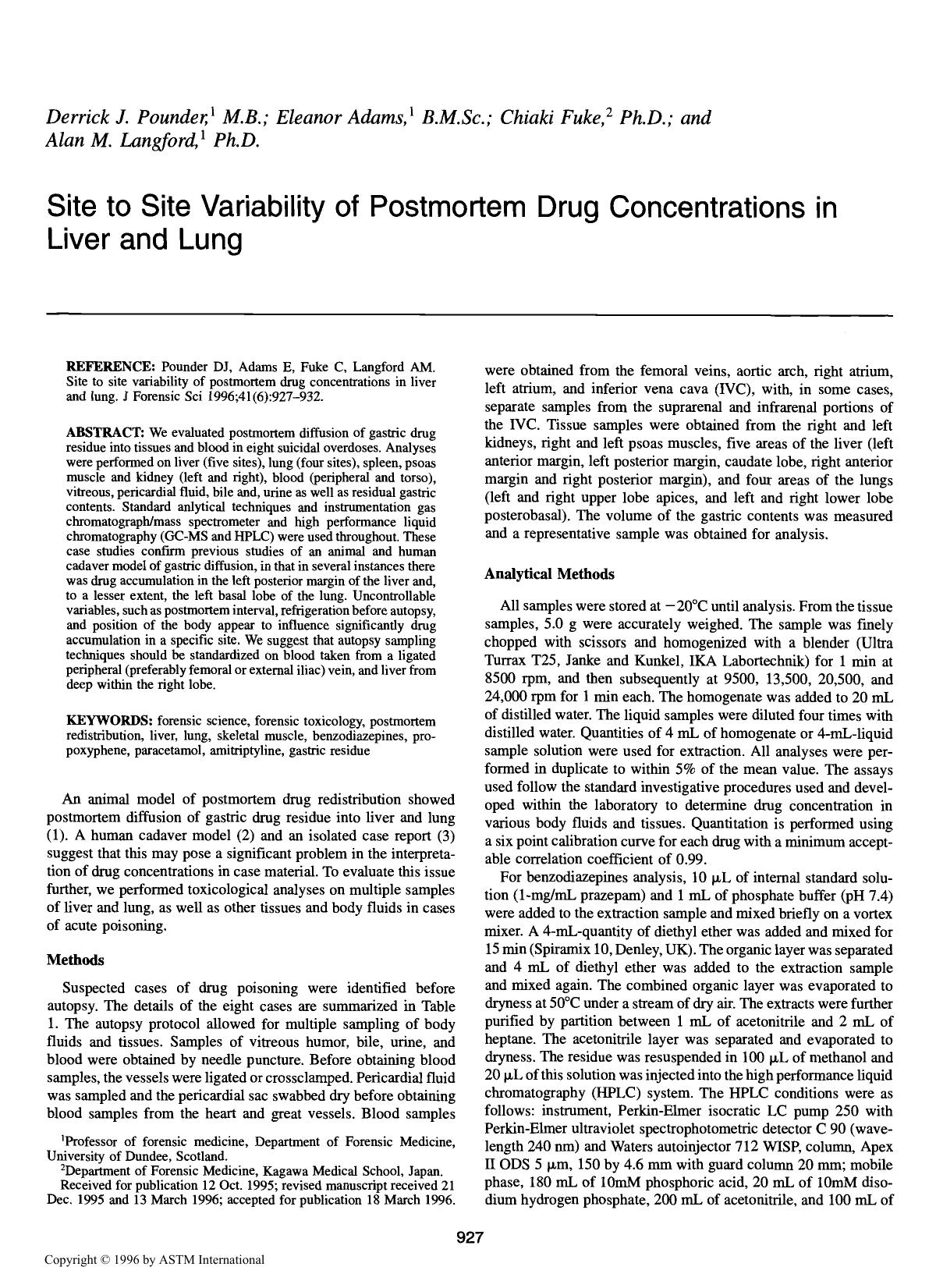 Site to site variability of postmortem drug concentrations in liver and lung by Pounder DJ Adams E Fuke C Langford AM