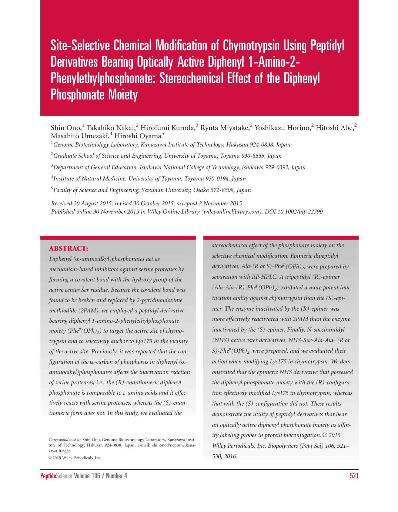 Site&#8208;Selective Chemical Modification of Chymotrypsin Using Peptidyl Derivatives Bearing Optically Active Diphenyl 1&#8208;Amino&#8208;2&#8208;Phenylethylphosphonate: Stereoch by Unknown